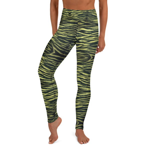 Yellow Tiger Striped Yoga Leggings, Black Tiger Stripes Animal Print Active Wear Fitted Leggings Sports Long Yoga & Barre Pants - Made in USA/EU/MX (US Size: XS-6XL)