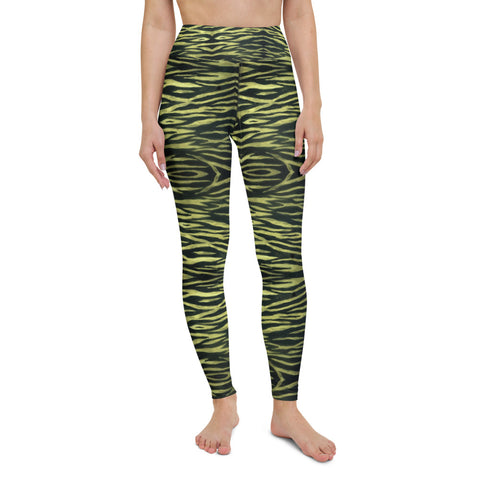 Yellow Tiger Striped Yoga Leggings, Black Tiger Stripes Animal Print Active Wear Fitted Leggings Sports Long Yoga & Barre Pants - Made in USA/EU/MX (US Size: XS-6XL)