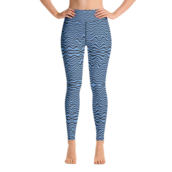 Blue Wave Women's Yoga Leggings, Abstract Wavy Ladies' Long Yoga Pants Active Wear Fitted Leggings Sports Long Yoga & Barre Pants - Made in USA/EU/MX (US Size: XS-6XL)