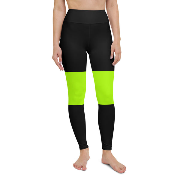 Black Green Striped Yoga Leggings, Bright Neon Green Active Wear Fitted Leggings Sports Long Yoga & Barre Pants - Made in USA/EU/MX (US Size: XS-6XL)