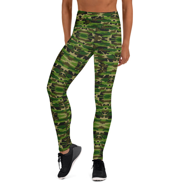 Green Camo Women's Yoga Leggings, Camouflage Army Military Print Ladies' Long Yoga Pants Active Wear Fitted Leggings Sports Long Yoga & Barre Pants - Made in USA/EU/MX (US Size: XS-6XL)