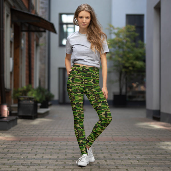 Green Camo Women's Yoga Leggings, Camouflage Army Military Print Ladies' Long Yoga Pants Active Wear Fitted Leggings Sports Long Yoga & Barre Pants - Made in USA/EU/MX (US Size: XS-6XL)