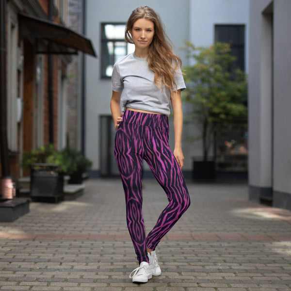 Purple Tiger Striped Yoga Leggings, Tiger Stripes Animal Print Active Wear Fitted Leggings Sports Long Yoga & Barre Pants - Made in USA/EU/MX (US Size: XS-6XL)