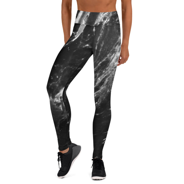 Black Marble Print Yoga Leggings, Grey Marbled Active Wear Fitted Leggings Sports Long Yoga & Barre Pants - Made in USA/EU/MX (US Size: XS-6XL)