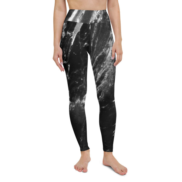 Black Marble Print Yoga Leggings, Grey Marbled Active Wear Fitted Leggings Sports Long Yoga & Barre Pants - Made in USA/EU/MX (US Size: XS-6XL)