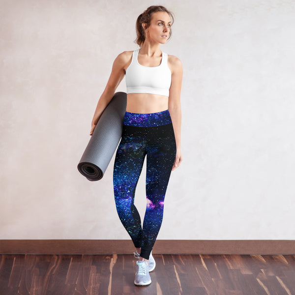 Blue Galaxy Print Yoga Leggings, Space Galaxies Women's Long Yoga Pants Active Wear Fitted Leggings Sports Long Yoga & Barre Pants - Made in USA/EU/MX (US Size: XS-6XL)