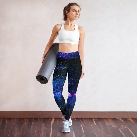Blue Galaxy Print Yoga Leggings, Space Galaxies Women's Long Yoga Pants Active Wear Fitted Leggings Sports Long Yoga & Barre Pants - Made in USA/EU/MX (US Size: XS-6XL)
