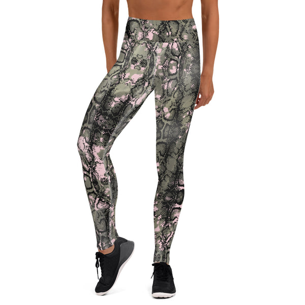 Snakeskin Print Women's Yoga Leggings, Black Grey Light Pink Snake Python Reptile Print Gym Active Fitted Leggings Sports Yoga Pants For Ladies - Made in USA/EU/MX (US Size: XS-XL)