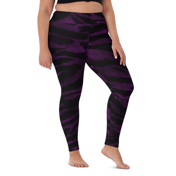 Purple Tiger Striped Yoga Leggings, Colorful Animal Print Tiger Stripes Animal Print Wild Cats Skin Pattern Active Wear Fitted Leggings Sports Long Yoga & Barre Pants - Made in USA/EU/MX