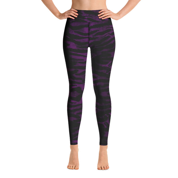 Dark Purple Tiger Tights, Purple Tiger Stripes Animal Print Wild Cats Skin Pattern Active Wear Fitted Leggings Sports Long Yoga & Barre Pants - Made in USA/EU/MX