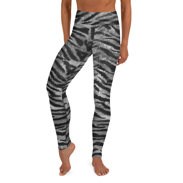 Grey Tiger Striped Yoga Leggings, Gray Tiger Stripes Animal Print Wild Cats Skin Pattern Active Wear Fitted Leggings Sports Long Yoga & Barre Pants - Made in USA/EU/MX