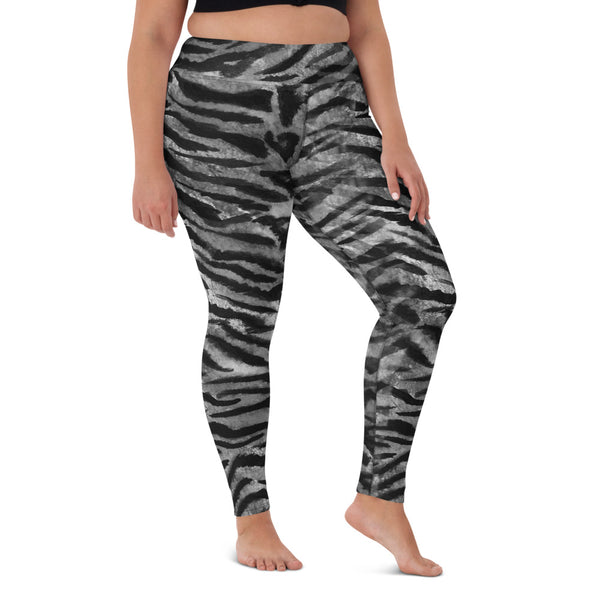 Grey Tiger Striped Yoga Leggings, Gray Tiger Stripes Animal Print Wild Cats Skin Pattern Active Wear Fitted Leggings Sports Long Yoga & Barre Pants - Made in USA/EU/MX