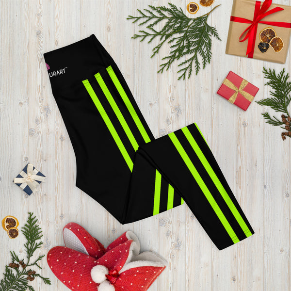 Black Neon Green Yoga Leggings, Vertical Striped Long Women's Sports Leggings-Made in USA/EU/MX