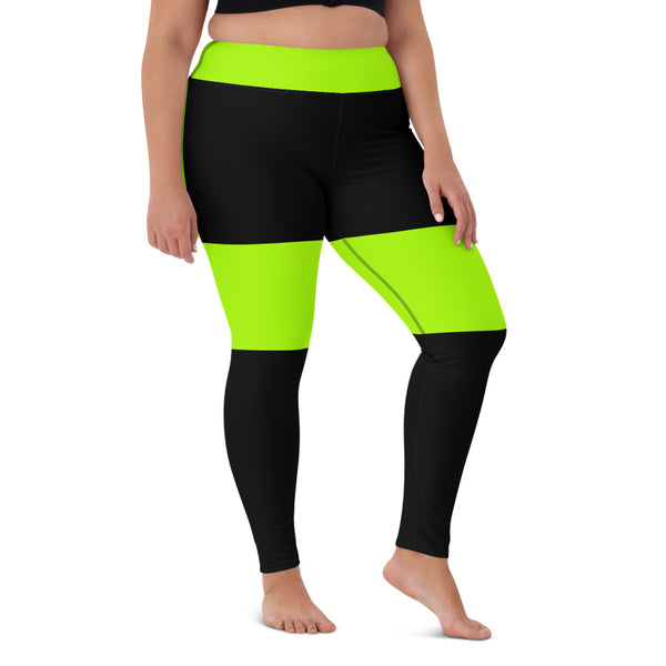 Green Black Women's Yoga Leggings, Striped Long Gym Active Wear Fitted Leggings Sports Long Yoga & Barre Pants - Made in USA/EU/MX (US Size: XS-6XL)
