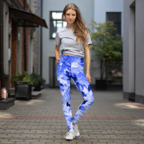Blue Floral Print Yoga Leggings, Flower Rose Printed Abstract Tights Long Women's Gym Tights, Best Designer Women's Tights Long Yoga Pants, Designer Premium Quality Active Wear Fitted Leggings Sports Long Yoga & Barre Pants - Made in USA/EU/MX (US Size: XS-6XL)