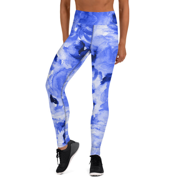 Blue Floral Print Yoga Leggings, Flower Rose Printed Abstract Tights Long Women's Gym Tights, Best Designer Women's Tights Long Yoga Pants, Designer Premium Quality Active Wear Fitted Leggings Sports Long Yoga & Barre Pants - Made in USA/EU/MX (US Size: XS-6XL)v