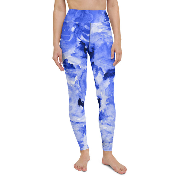 Blue Floral Print Yoga Leggings, Flower Rose Printed Abstract Tights Long Women's Gym Tights, Best Designer Women's Tights Long Yoga Pants, Designer Premium Quality Active Wear Fitted Leggings Sports Long Yoga & Barre Pants - Made in USA/EU/MX (US Size: XS-6XL)