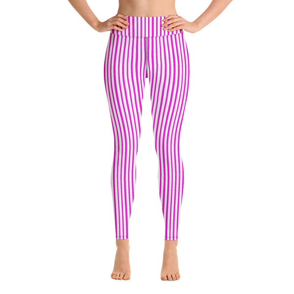 Pink White Striped Yoga Leggings, Pink Vertically Striped Women's Long Tight Pants Workout Fitted Leggings Sports Long Yoga Pants w/ Inside Pockets - Made in USA/EU/MX (US Size: XS-XL)    