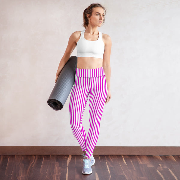 Pink White Striped Yoga Leggings, Pink Vertically Striped Women's Long Tight Pants Workout Fitted Leggings Sports Long Yoga Pants w/ Inside Pockets - Made in USA/EU/MX (US Size: XS-XL)    