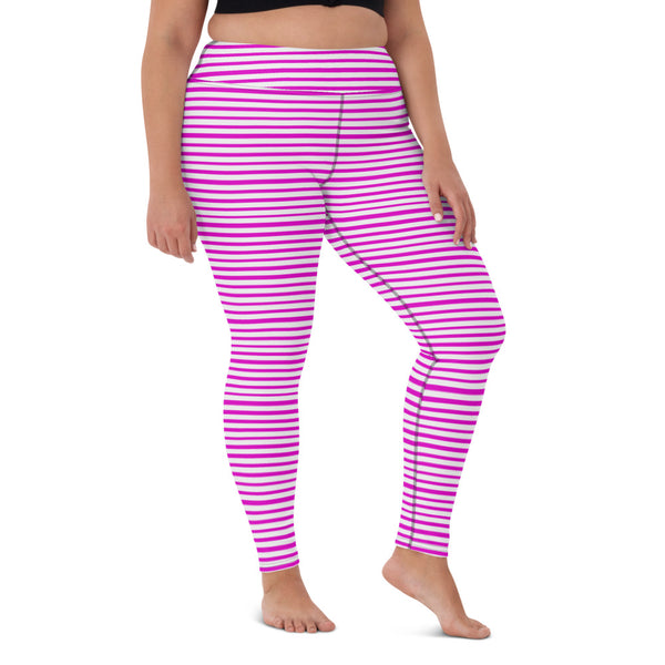 Pink White Stripes Yoga Leggings, Horizontally Striped Women's Long Tight Pants Workout Fitted Leggings Sports Long Yoga Pants w/ Inside Pockets - Made in USA/EU/MX (US Size: XS-XL)  