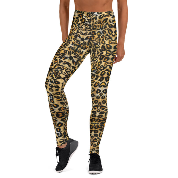Brown Leopard Women's Yoga Leggings, Animal Leopard Print Yoga Leggings, Best Athletic Active Wear Fitted Leggings Sports Long Yoga & Barre Pants - Made in USA/EU/MX (US Size: XS-6XL)