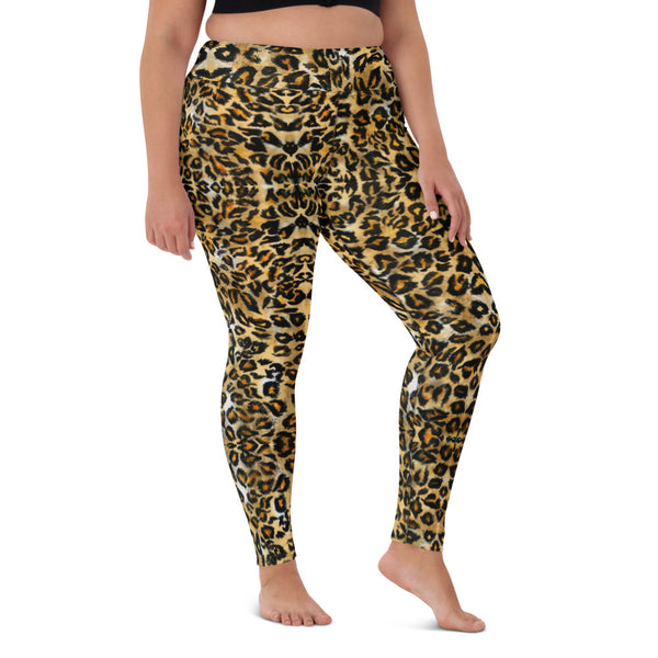 Brown Leopard Women's Yoga Leggings, Animal Leopard Print Yoga Leggings, Best Athletic Active Wear Fitted Leggings Sports Long Yoga & Barre Pants - Made in USA/EU/MX (US Size: XS-6XL)