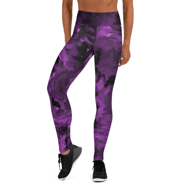 Purple Abstract Floral Yoga Leggings, Flower Rose Printed Abstract Tights Long Women's Gym Tights, Best Designer Women's Tights Long Yoga Pants, Designer Premium Quality Active Wear Fitted Leggings Sports Long Yoga & Barre Pants - Made in USA/EU/MX (US Size: XS-6XL)