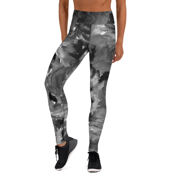 Grey Floral Print Yoga Leggings, Flower Rose Printed Abstract Tights Long Women's Gym Tights, Best Designer Women's Tights Long Yoga Pants, Designer Premium Quality Active Wear Fitted Leggings Sports Long Yoga & Barre Pants - Made in USA/EU/MX (US Size: XS-6XL)
