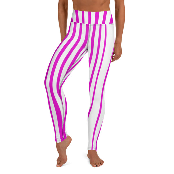 Pink White Stripes Yoga Leggings, Vertically Striped Women's Long Tight Pants Workout Fitted Leggings Sports Long Yoga Pants w/ Inside Pockets - Made in USA/EU/MX (US Size: XS-XL)    