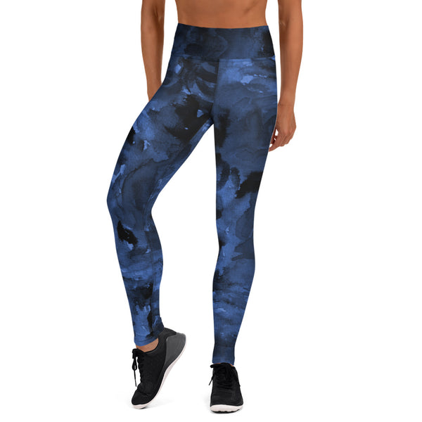 Navy Blue Abstract Yoga Leggings, Long Dark Blue Active Wear Fitted Leggings Sports Long Yoga & Barre Pants - Made in USA/EU/MX (US Size: XS-6XL)