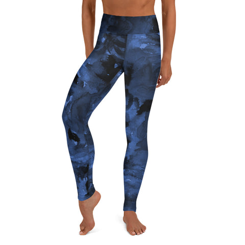 Navy Blue Abstract Yoga Leggings, Long Dark Blue Active Wear Fitted Leggings Sports Long Yoga & Barre Pants - Made in USA/EU/MX (US Size: XS-6XL)