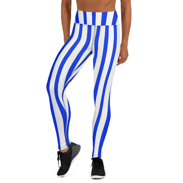 Blue White Striped Yoga Leggings, Vertical Striped Colorful Women's Long Tight Pants Workout Fitted Leggings Sports Long Yoga Pants w/ Inside Pockets - Made in USA/EU/MX (US Size: XS-XL)    