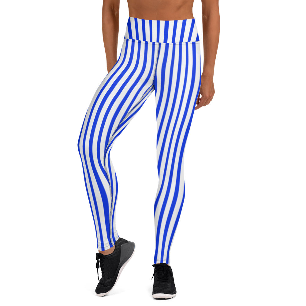 Blue White Striped Yoga Leggings, Vertically Stripes Best Women's