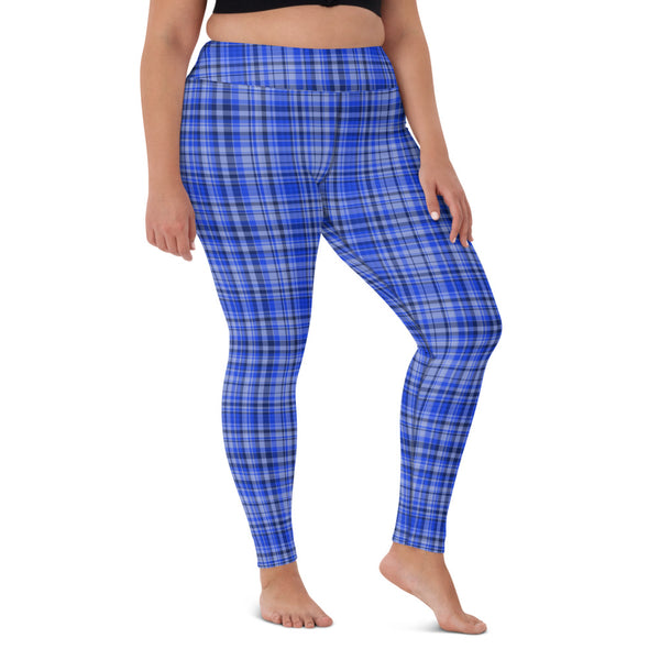 Blue Plaid Yoga Leggings, Scottish Tartan Printed Active Wear Fitted Leggings Sports Long Yoga & Barre Pants - Made in USA/EU/MX (US Size: XS-6XL)