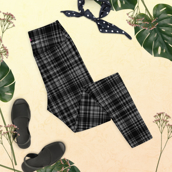 Black Grey Plaid Yoga Leggings, Scottish Tartan Printed Active Wear Fitted Leggings Sports Long Yoga & Barre Pants - Made in USA/EU/MX (US Size: XS-6XL)