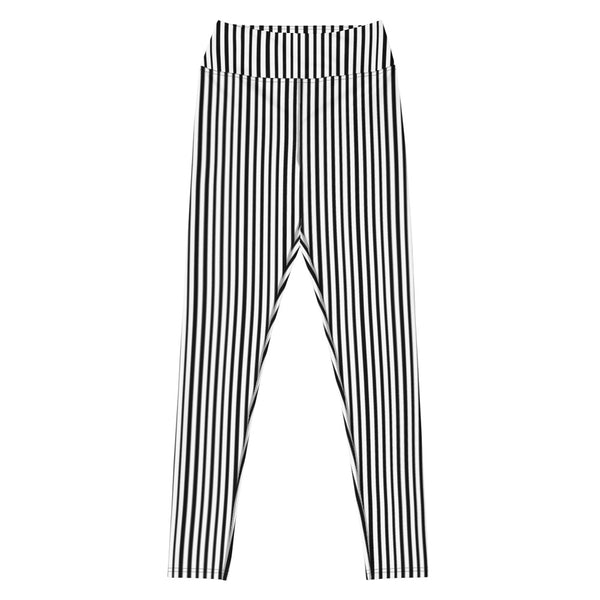 Black White Striped Yoga Leggings, Vertical Stripes Women's Long Tight Pants Workout Fitted Leggings Sports Long Yoga Pants w/ Inside Pockets - Made in USA/EU/MX (US Size: XS-XL)    
