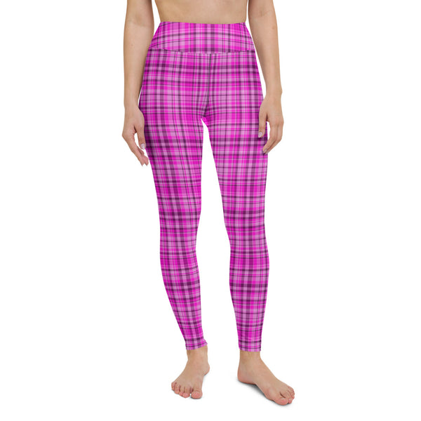 Pink Plaid Print Yoga Leggings, Tartan Scottish Style Classic Active Wear Fitted Leggings Sports Long Yoga & Barre Pants - Made in USA/EU/MX (US Size: XS-6XL)