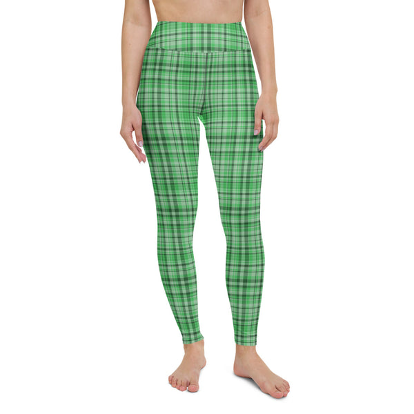 Green Plaid Print Yoga Leggings, Bright Scottish Style Tartan Printed Active Wear Fitted Leggings Sports Long Yoga & Barre Pants - Made in USA/EU/MX (US Size: XS-6XL)