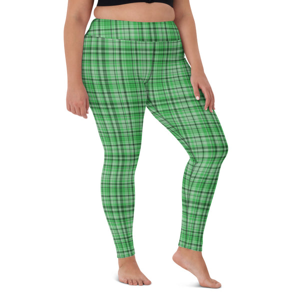 Green Plaid Print Yoga Leggings, Bright Scottish Style Tartan Printed Active Wear Fitted Leggings Sports Long Yoga & Barre Pants - Made in USA/EU/MX (US Size: XS-6XL)
