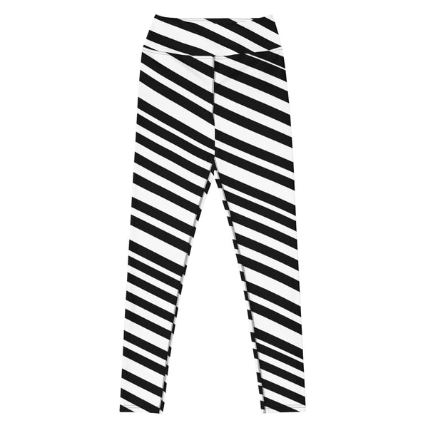 White Black Stripes Yoga Leggings, Diagonally Striped Women's Long Tight Pants Workout Fitted Leggings Sports Long Yoga Pants w/ Inside Pockets - Made in USA/EU/MX (US Size: XS-XL)    