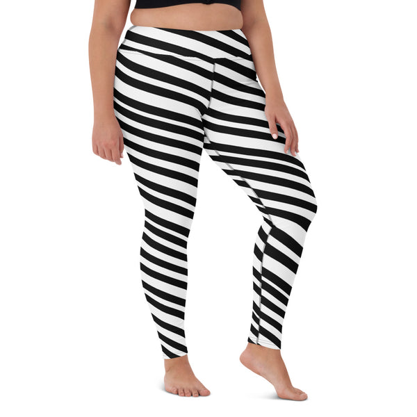 White Black Stripes Yoga Leggings, Diagonally Striped Women's Long Tight Pants Workout Fitted Leggings Sports Long Yoga Pants w/ Inside Pockets - Made in USA/EU/MX (US Size: XS-XL)    