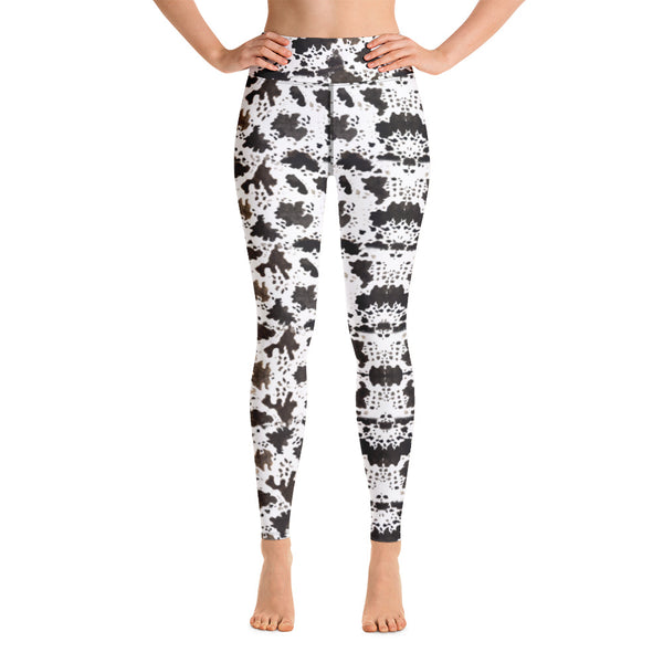 Brown Cow Print Yoga Leggings, Animal Print Active Wear Fitted Leggings Sports Long Yoga & Barre Pants - Made in USA/EU/MX (US Size: XS-6XL)