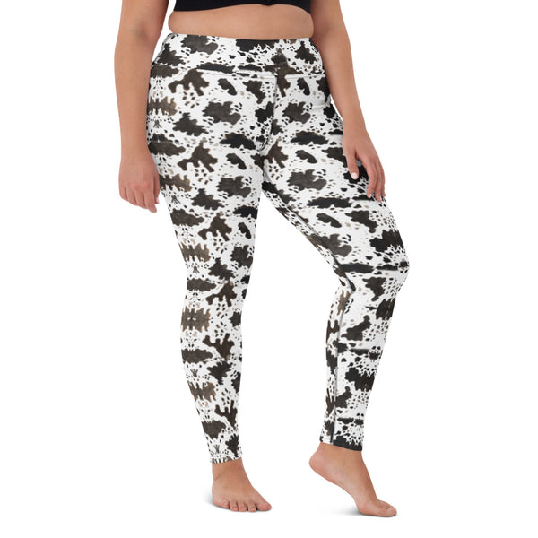 Brown Cow Print Yoga Leggings, Animal Print Women's Long Sports Tights-Made in USA/EU/MX
