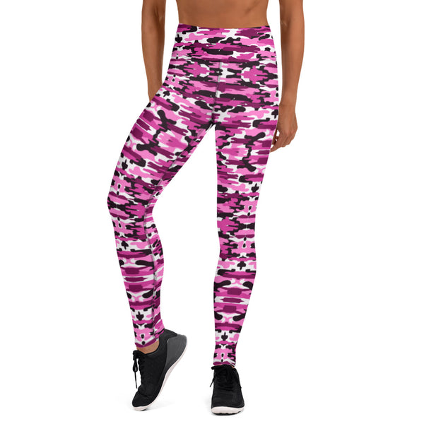 Pink Purple Camo Yoga Leggings, Military Camouflaged Army Printed Long Yoga Pants, Designer Premium Quality Active Wear Fitted Leggings Sports Long Yoga & Barre Pants - Made in USA/EU/MX (US Size: XS-6XL)