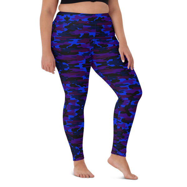 Blue Purple Camo Yoga Leggings, Army Military Camouflaged Printed Women's Tights Long Yoga Pants, Designer Premium Quality Active Wear Fitted Leggings Sports Long Yoga & Barre Pants - Made in USA/EU/MX (US Size: XS-6XL)
