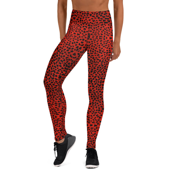Red Cheetah Print Yoga Leggings, Leopard Animal Print Long Women's Gym Tights, Best Designer Women's Tights Long Yoga Pants, Designer Premium Quality Active Wear Fitted Leggings Sports Long Yoga & Barre Pants - Made in USA/EU/MX (US Size: XS-6XL)