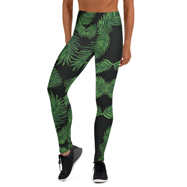 Black Green Tropical Yoga Leggings, Hawaiian Style Active Wear Fitted Leggings Sports Long Yoga & Barre Pants - Made in USA/EU/MX (US Size: XS-6XL)