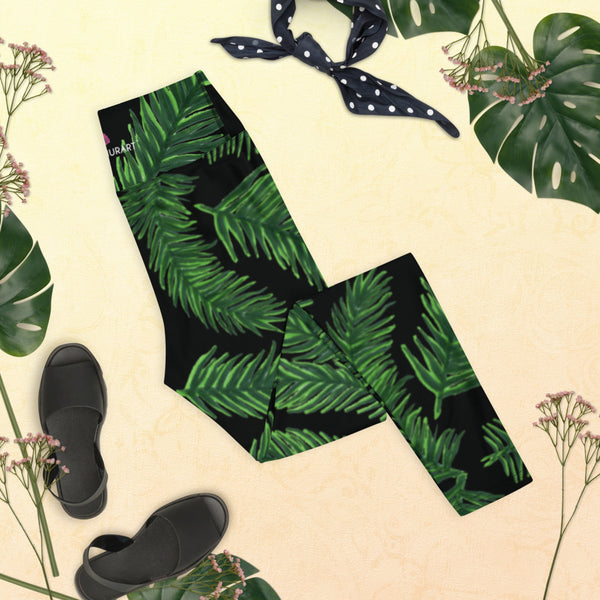 Black Green Tropical Yoga Leggings, Hawaiian Style Active Wear Fitted Leggings Sports Long Yoga & Barre Pants - Made in USA/EU/MX (US Size: XS-6XL)