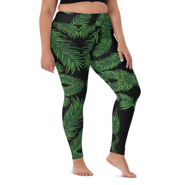 Black Green Tropical Yoga Leggings, Hawaiian Style Women's Long Sports Tights-Made in USA/EU/MX