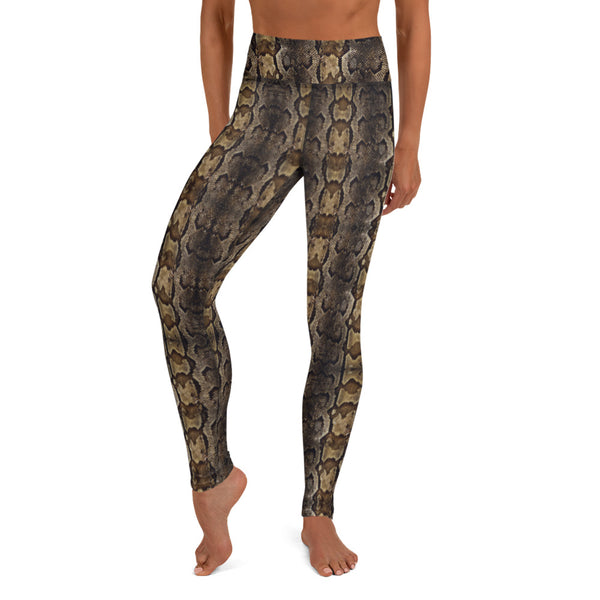 Snakeskin Print Women's Yoga Leggings, Brown Snake Python Reptile Skin Print Gym Active Fitted Leggings Sports Yoga Pants - Made in USA/EU/MX (US Size: XS-XL)